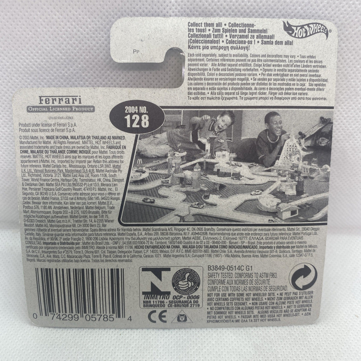 Ferrari model die-cast car card back with specifications and number 128