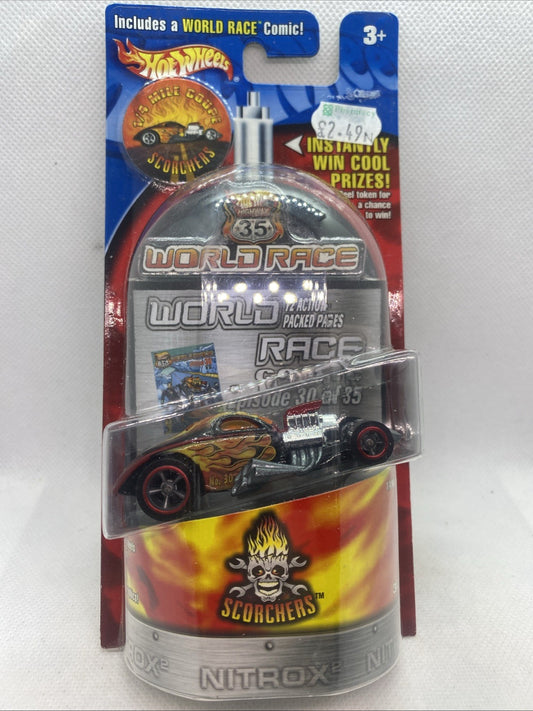 Sealed Hot Wheels World Race blister with Scorchers 1/4-mile coupe toy vehicle