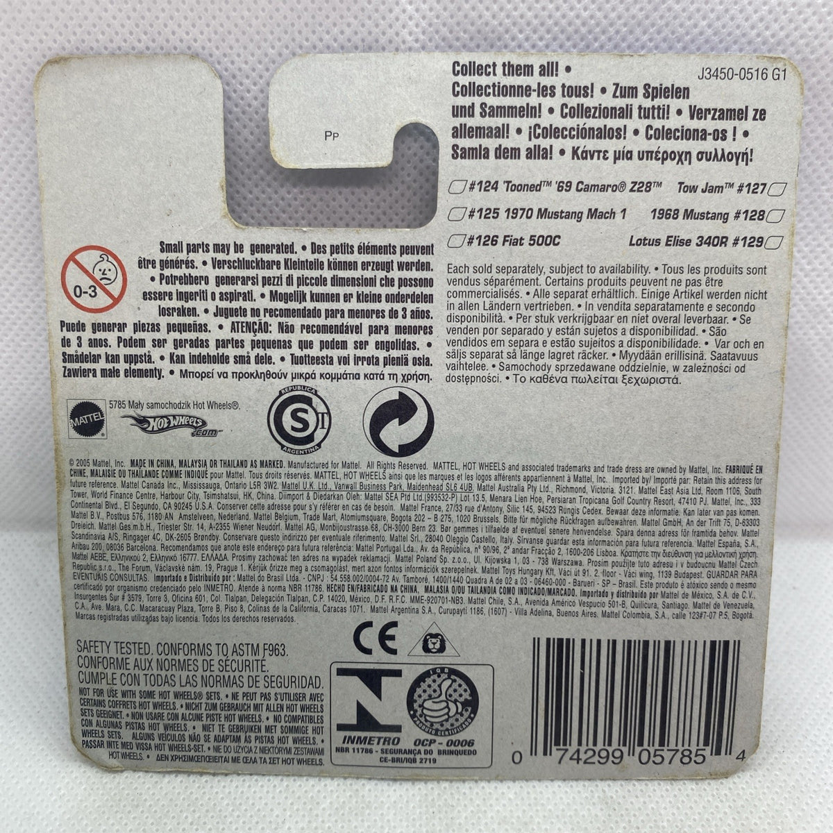 Back of sealed Hot Wheels short card with barcode and safety icons.