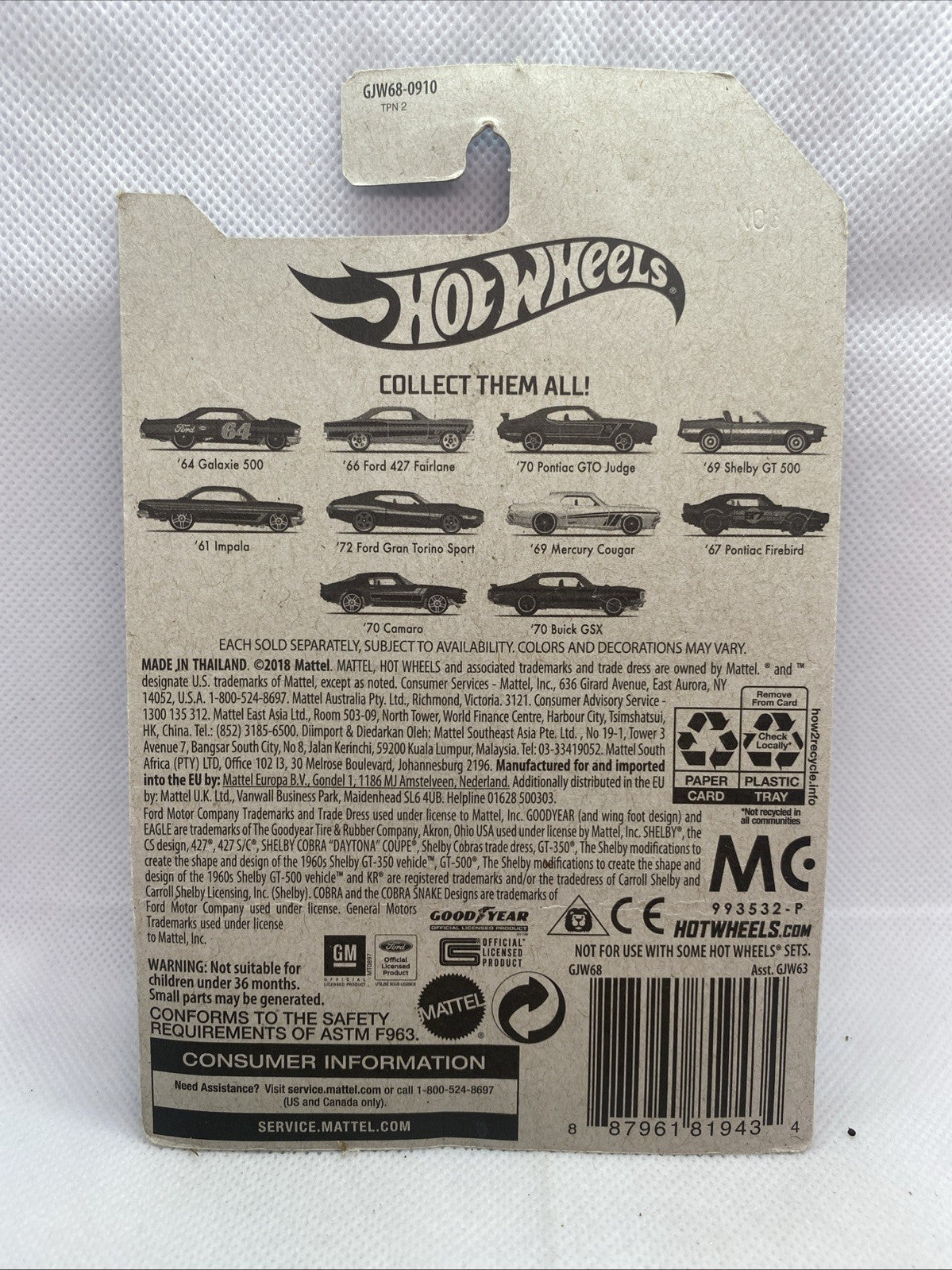 Hot Wheels short card packaging back with product text, barcode, and collect list