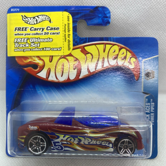 Hot Wheels die-cast track car in clear blister with blue backing, #5 flame graphics