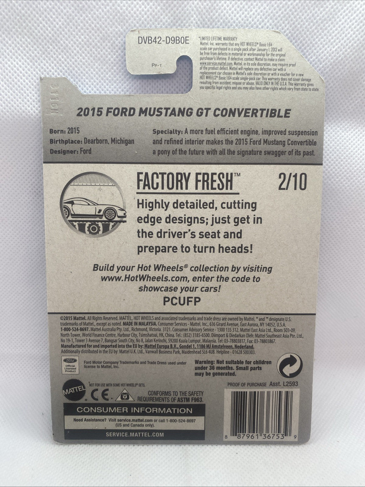 Hot Wheels die-cast toy car blister card, back with “Factory Fresh” details