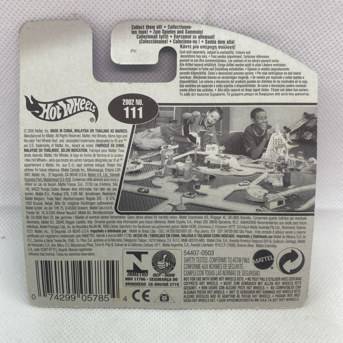 Hot Wheels Propper Chopper blister card back with 2002 No. 111 info and barcode
