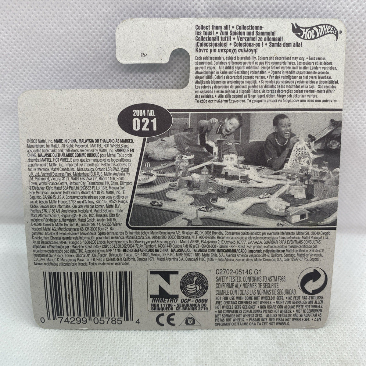 Hot Wheels car package back card with product details and black-and-white display photo
