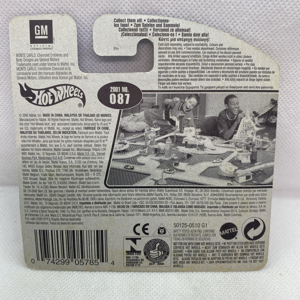 Hot Wheels blister card back with car number 087 and printed details