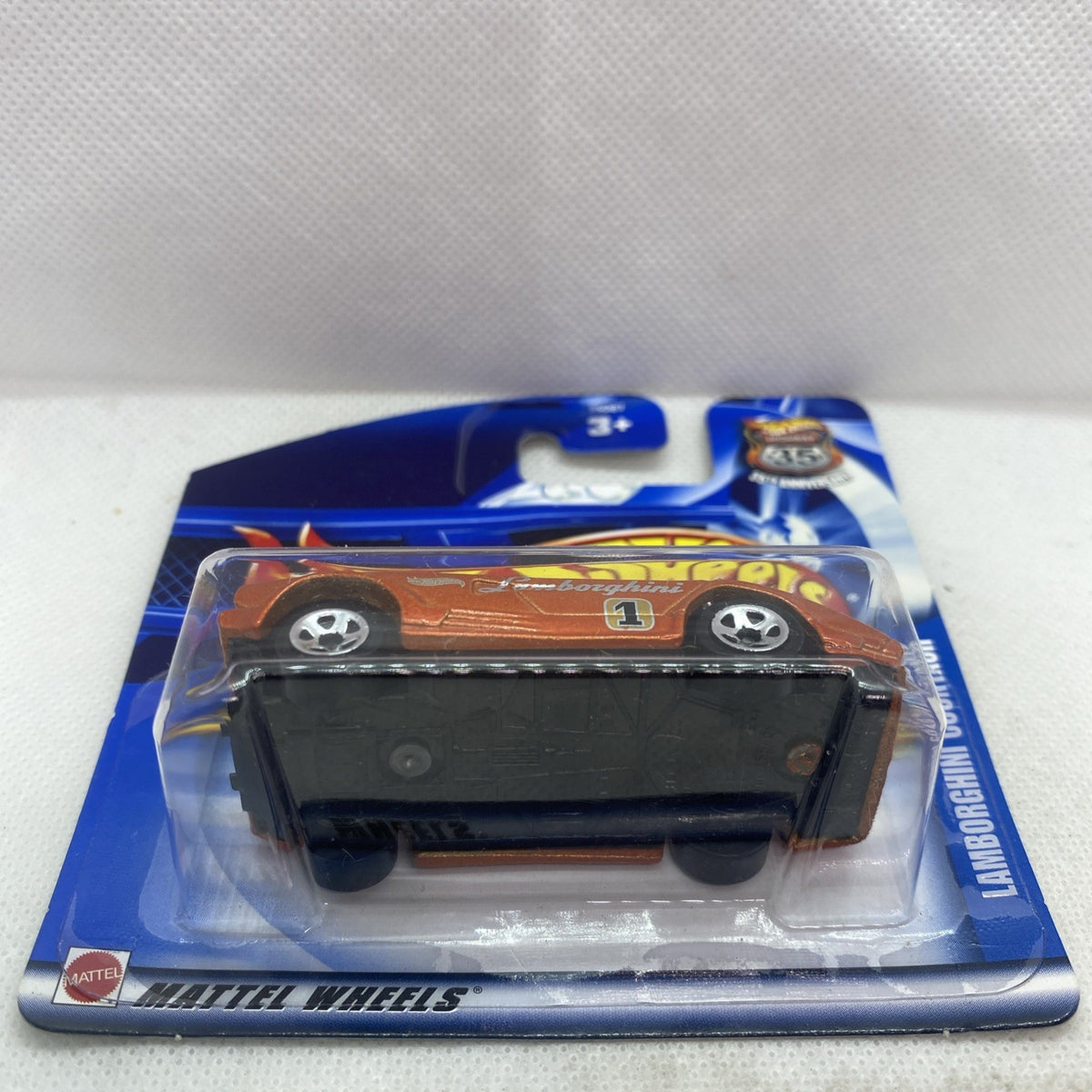 Hot Wheels Lamborghini Countach die-cast car in blister card, wheels and chassis visible
