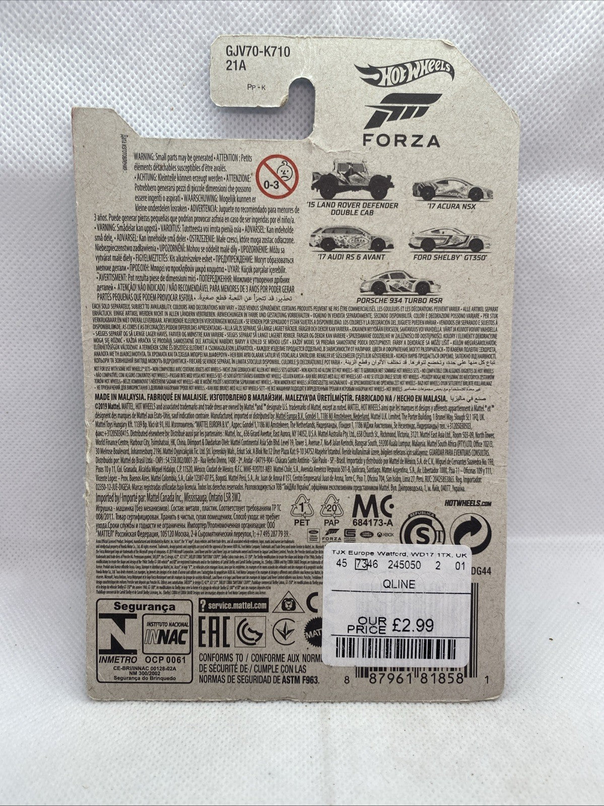 Hot Wheels Forza Motorsport car package back card with barcode and specifications