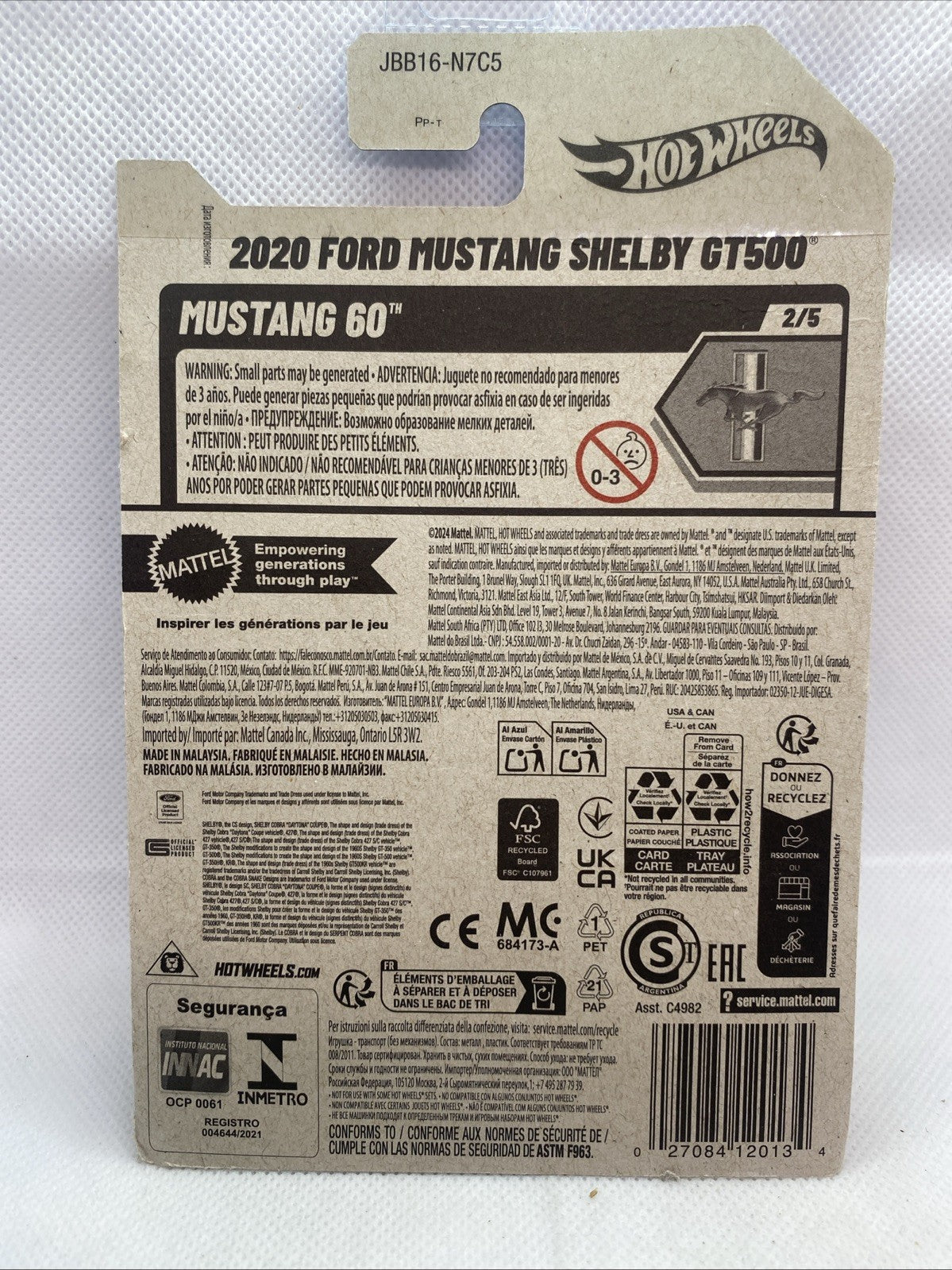 Hot Wheels blister pack with Mustang GT500 back card and product details.