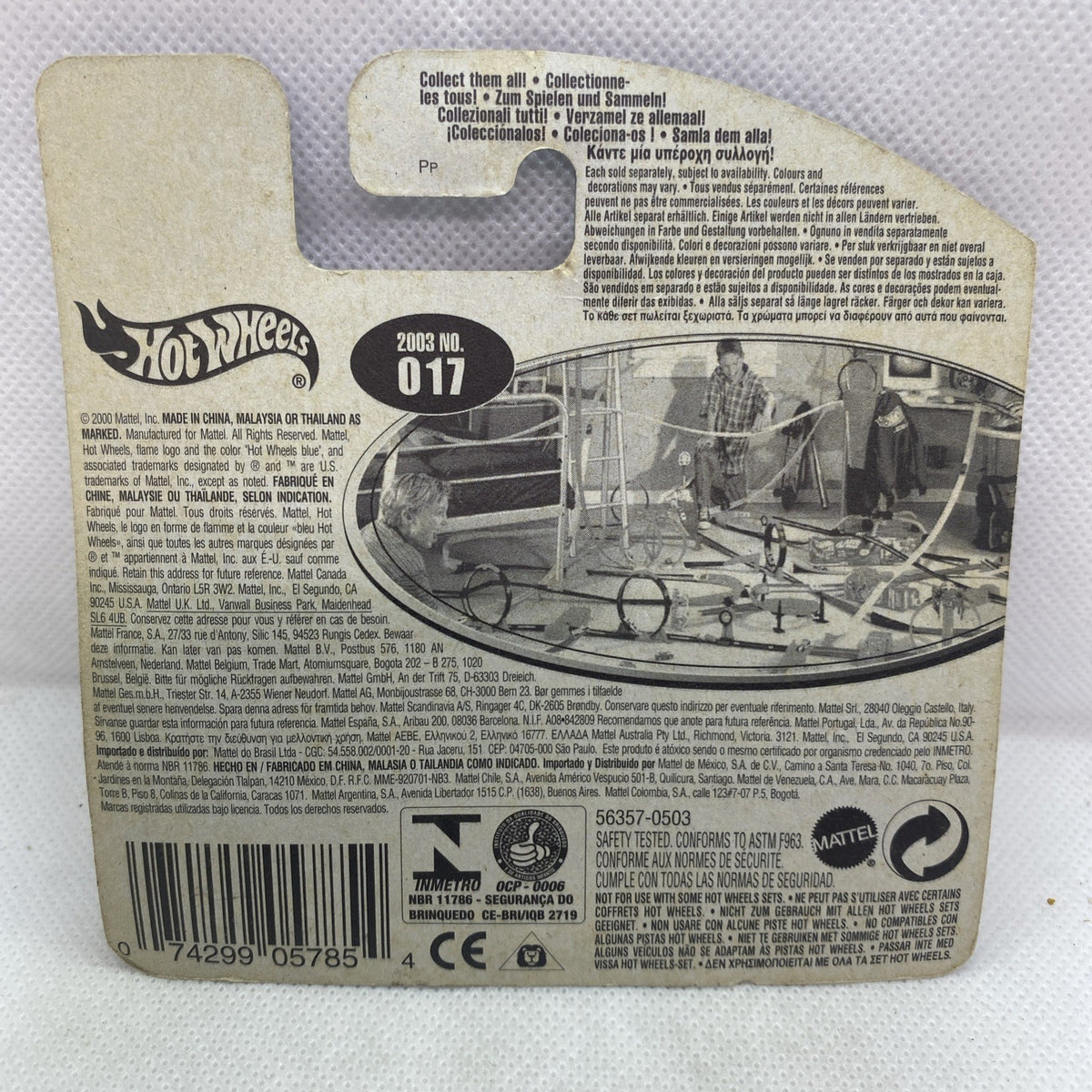 Hot Wheels die-cast blister card back with barcode and printed specifications.
