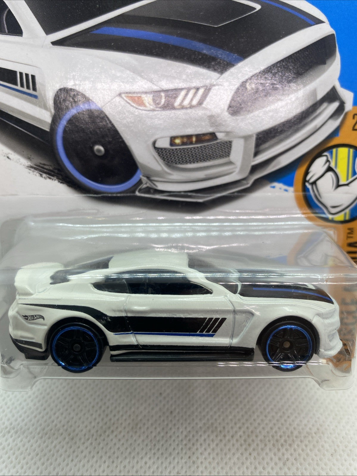 Hot Wheels GT350R 2017 die-cast in blister, white body with dark stripe and blue wheels