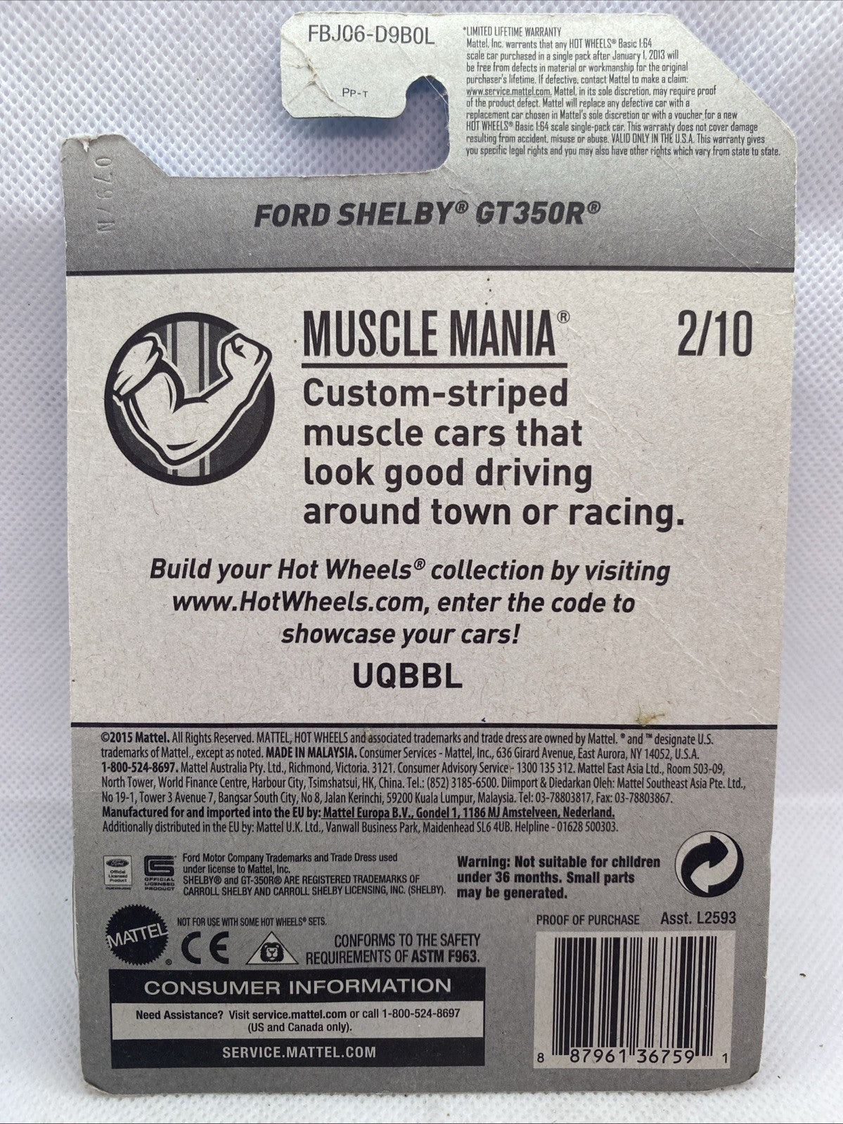 Hot Wheels card back showing Ford Shelby GT350R, Muscle Mania, and 2/10 details