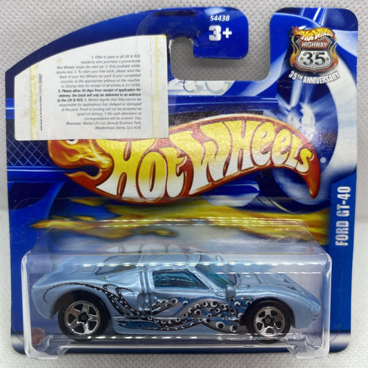 Hot Wheels Ford GT-40 die-cast car in blue blister pack, 3+ label