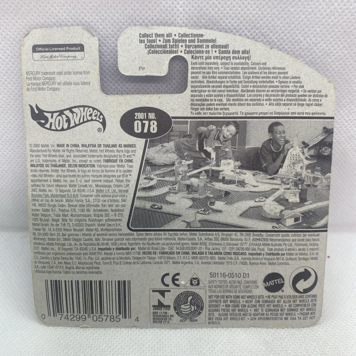 Hot Wheels die-cast card back with product info panel and barcode, sealed packaging.