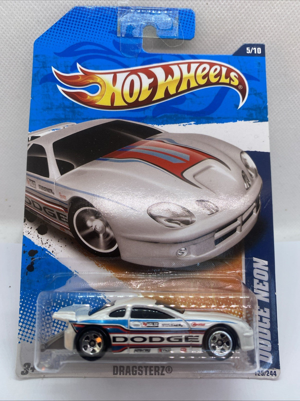 White and silver dragster diecast car in clear blister on Hot Wheels card