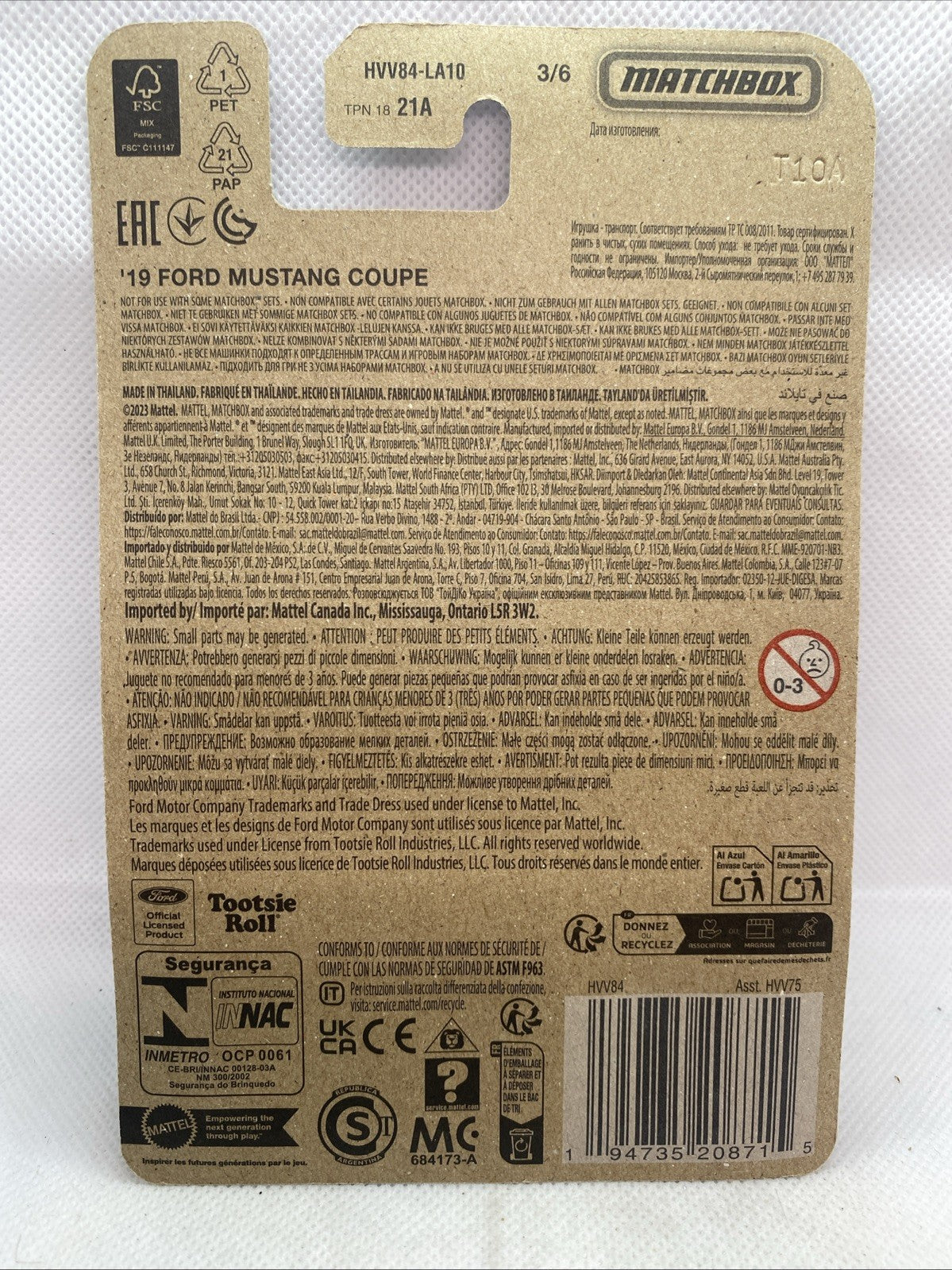 Matchbox toy car back card with barcode and '19 Ford Mustang Coupe' product details