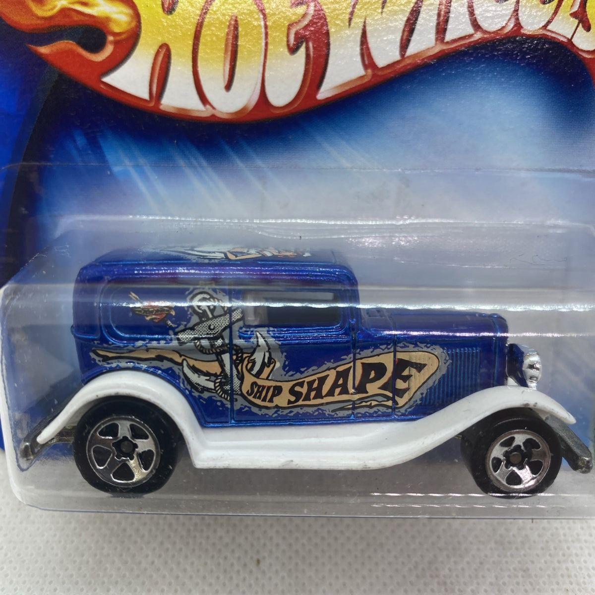 Close-up of blue 1932 Ford Hot Wheels die-cast in blister with 'SHIP SHAPE' graphic