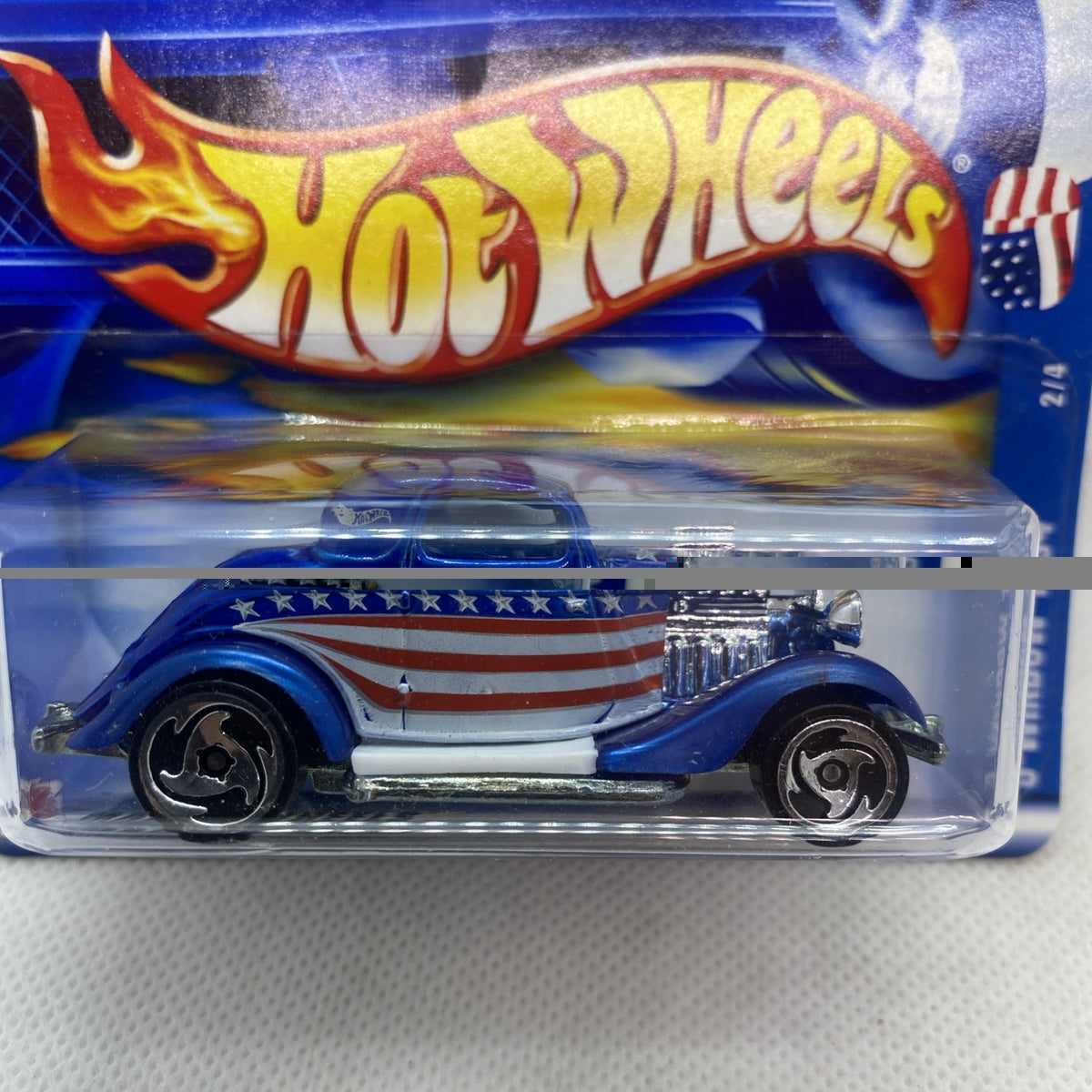 Hot Wheels Star-Spangled 3-Window car close-up in blue blister card