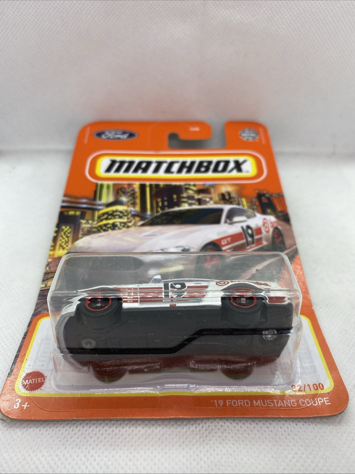 Matchbox '19 Ford Mustang Coupe die-cast toy car in blister pack with orange card