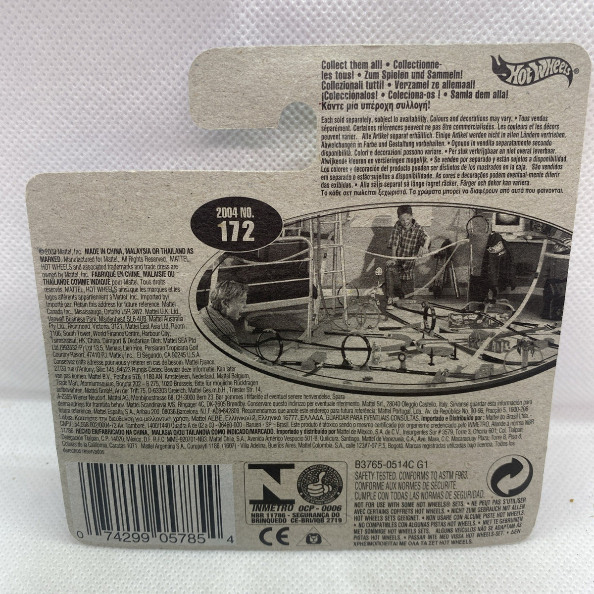 Back of Hot Wheels blister card with vehicle details, barcode, and certification icons.