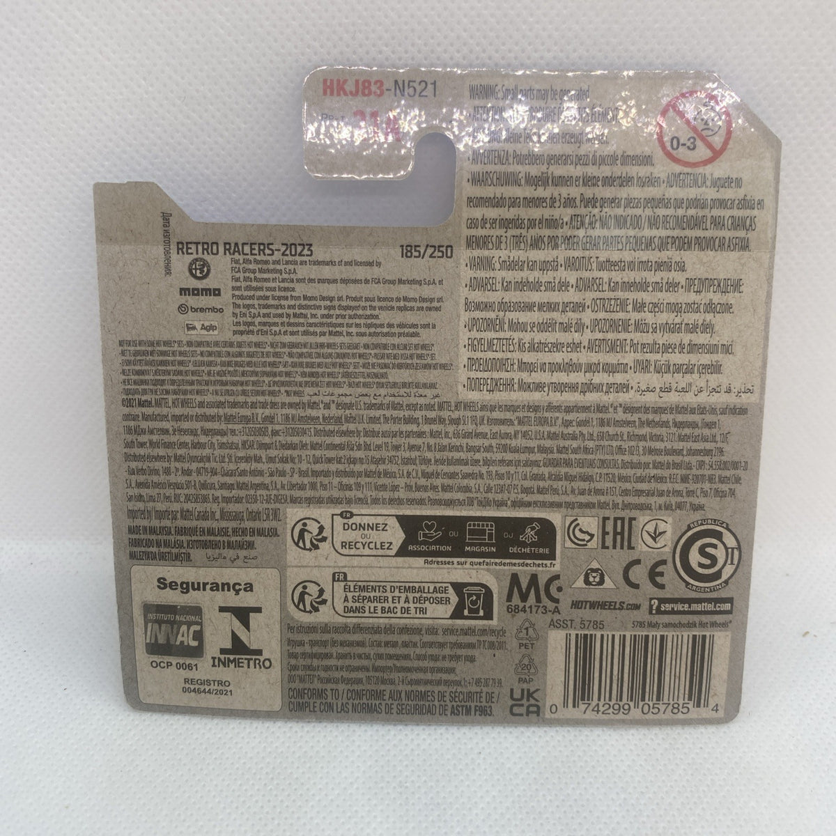 Hot Wheels Retro Racers blister card back with product details and safety labels