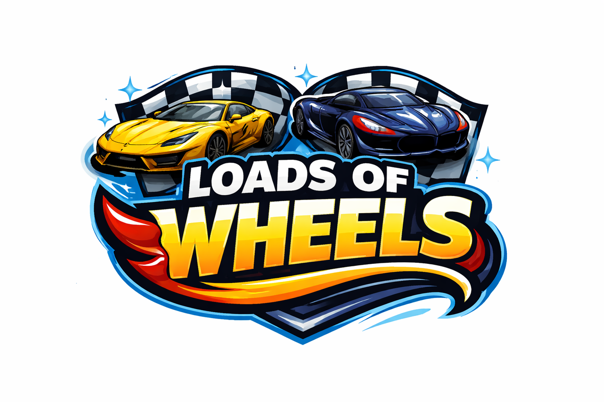 Loads Of Wheels gift card graphic with yellow and blue sports cars above a bold logo